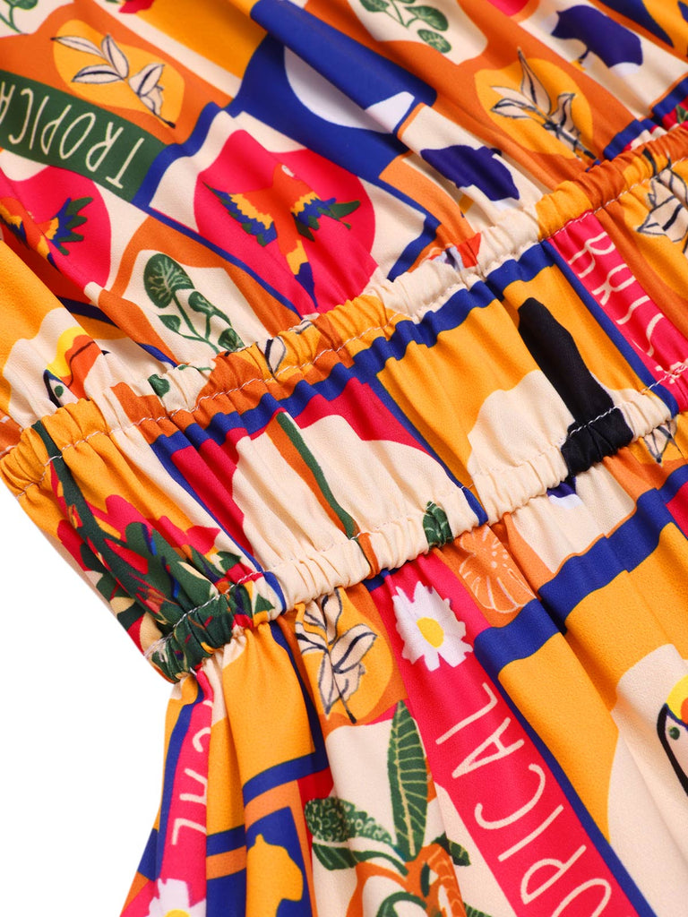 [Prévente] Robe à fleurs tropicales multicolores années 1970