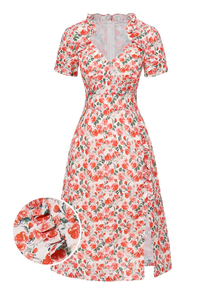 [Prévente] Robe à volants col V fente latérale motif roses des années 1940