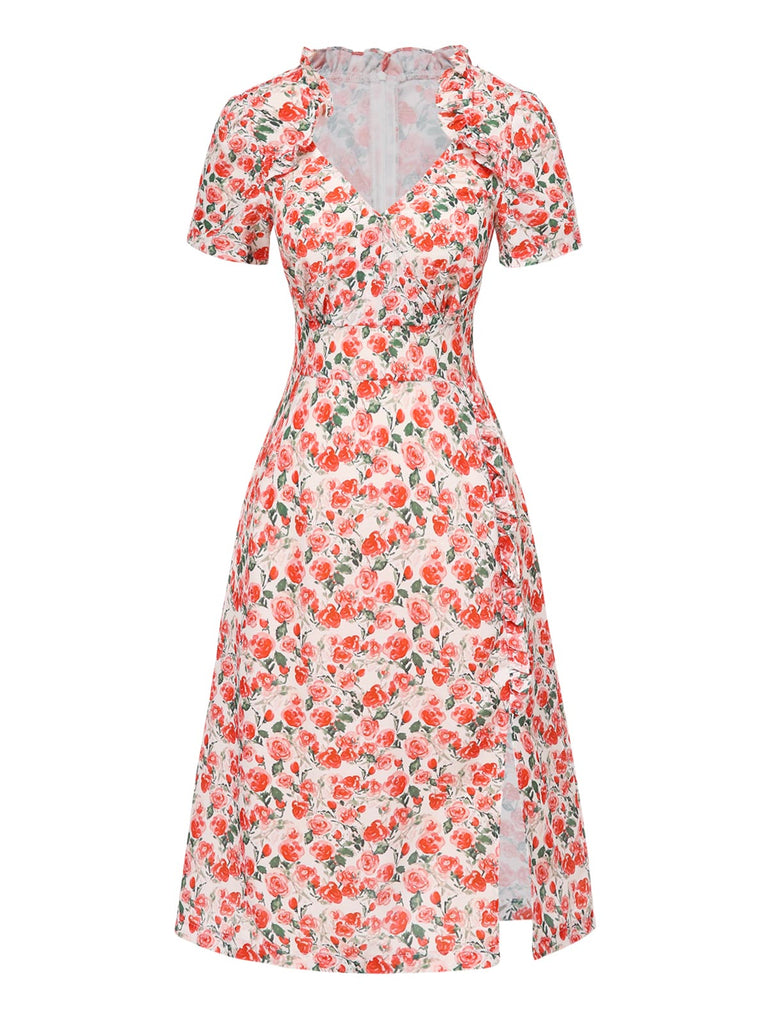 [Prévente] Robe à volants col V fente latérale motif roses des années 1940