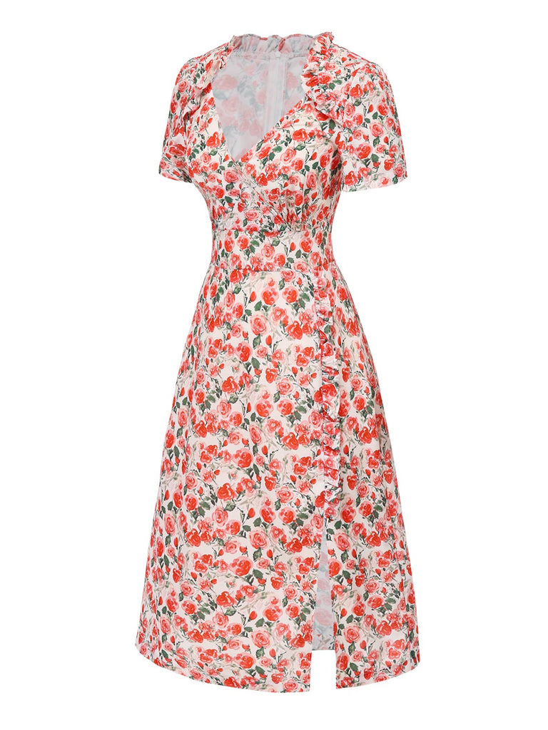 [Prévente] Robe à volants col V fente latérale motif roses des années 1940