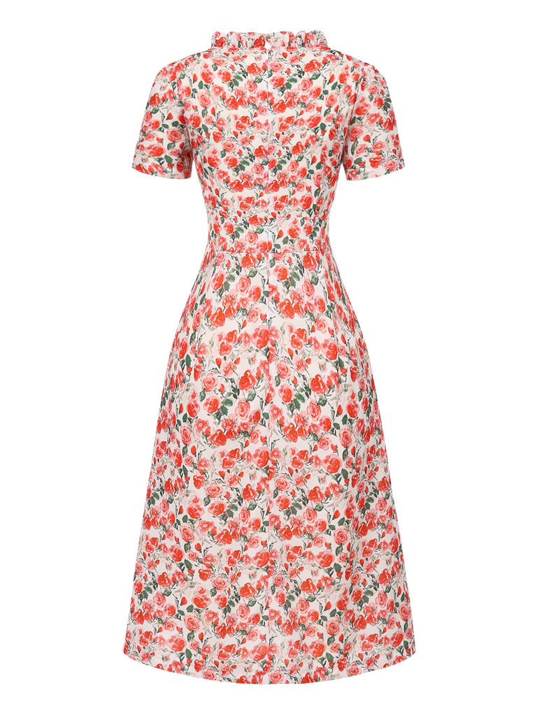 [Prévente] Robe à volants col V fente latérale motif roses des années 1940