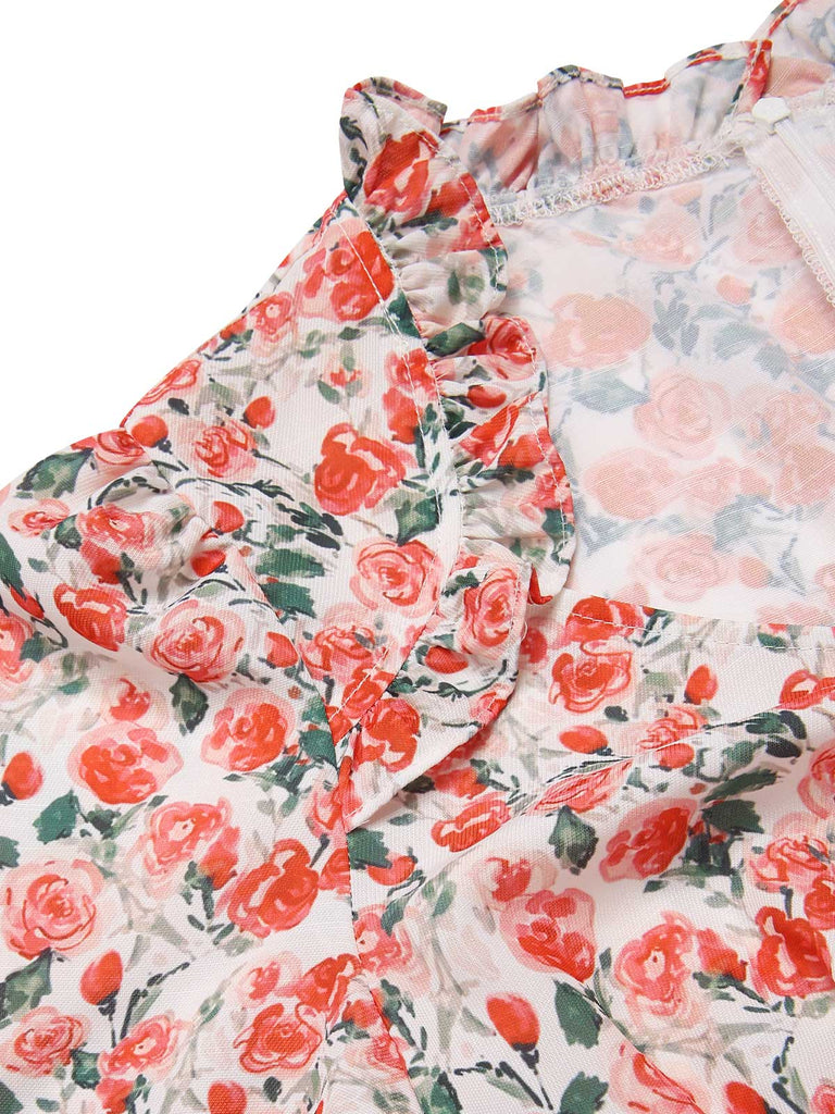 [Prévente] Robe à volants col V fente latérale motif roses des années 1940