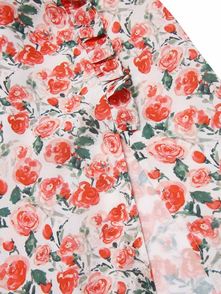 [Prévente] Robe à volants col V fente latérale motif roses des années 1940