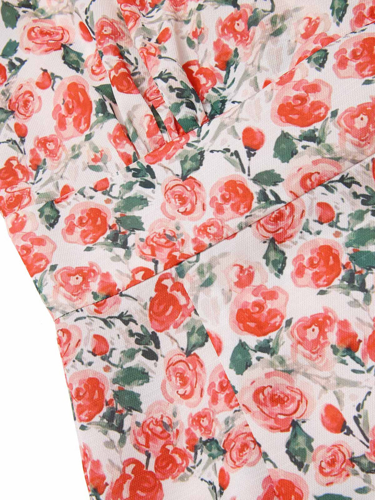 [Prévente] Robe à volants col V fente latérale motif roses des années 1940