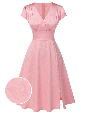 [Prévente] Robe en satin rose col V profond papillon jacquard des années 1940