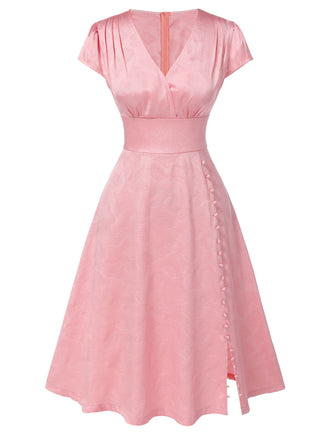 [Prévente] Robe en satin rose col V profond papillon jacquard des années 1940