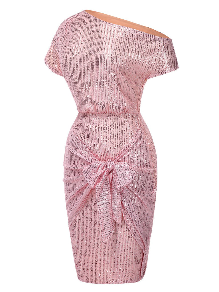 Robe crayon unie à une épaule à paillettes et nœud années 1960