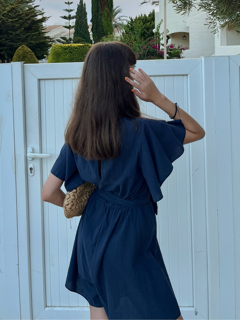 Combishort en coton bleu à manches volantées années 1950