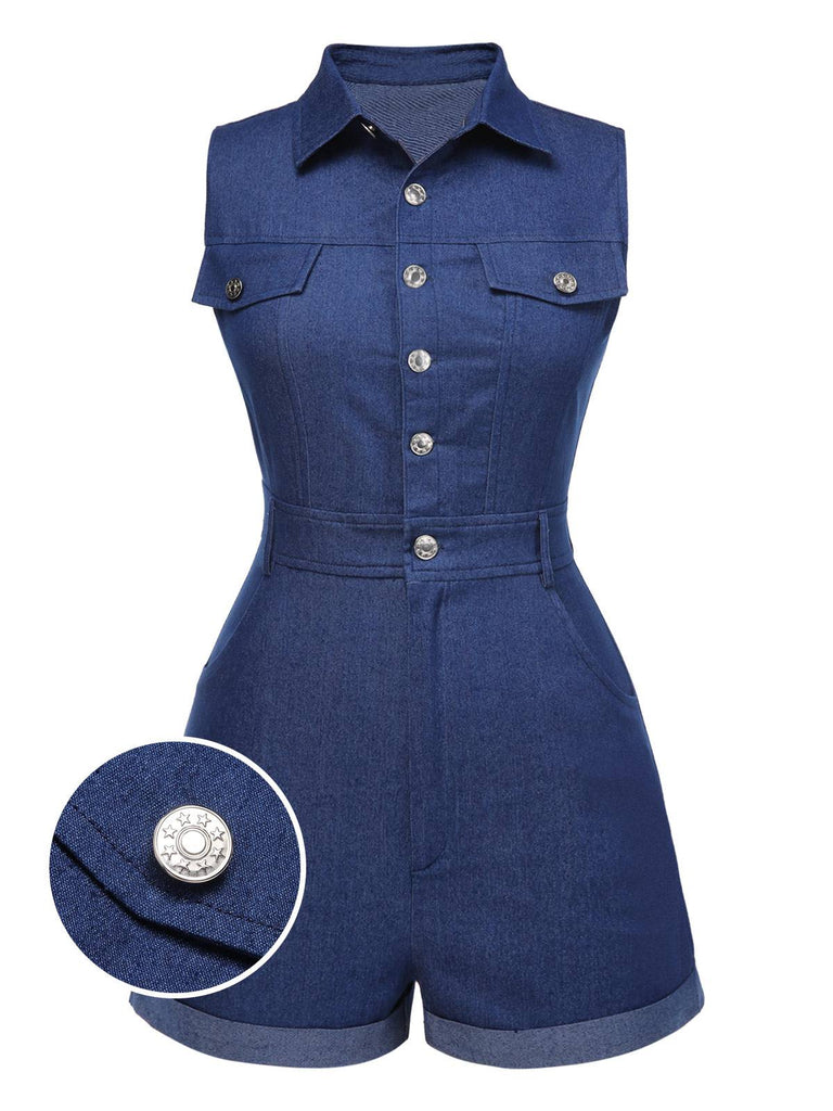 [Prévente] Combishort en jean bleu uni en coton à poches des années 1970