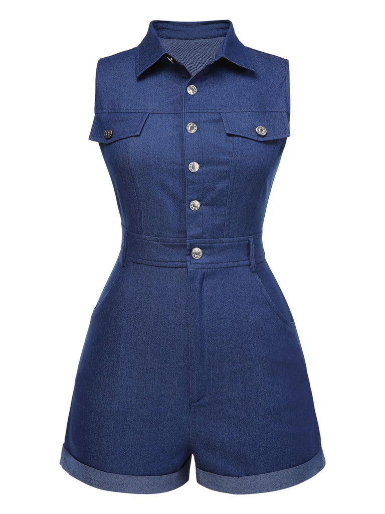 [Prévente] Combishort en jean bleu uni en coton à poches des années 1970