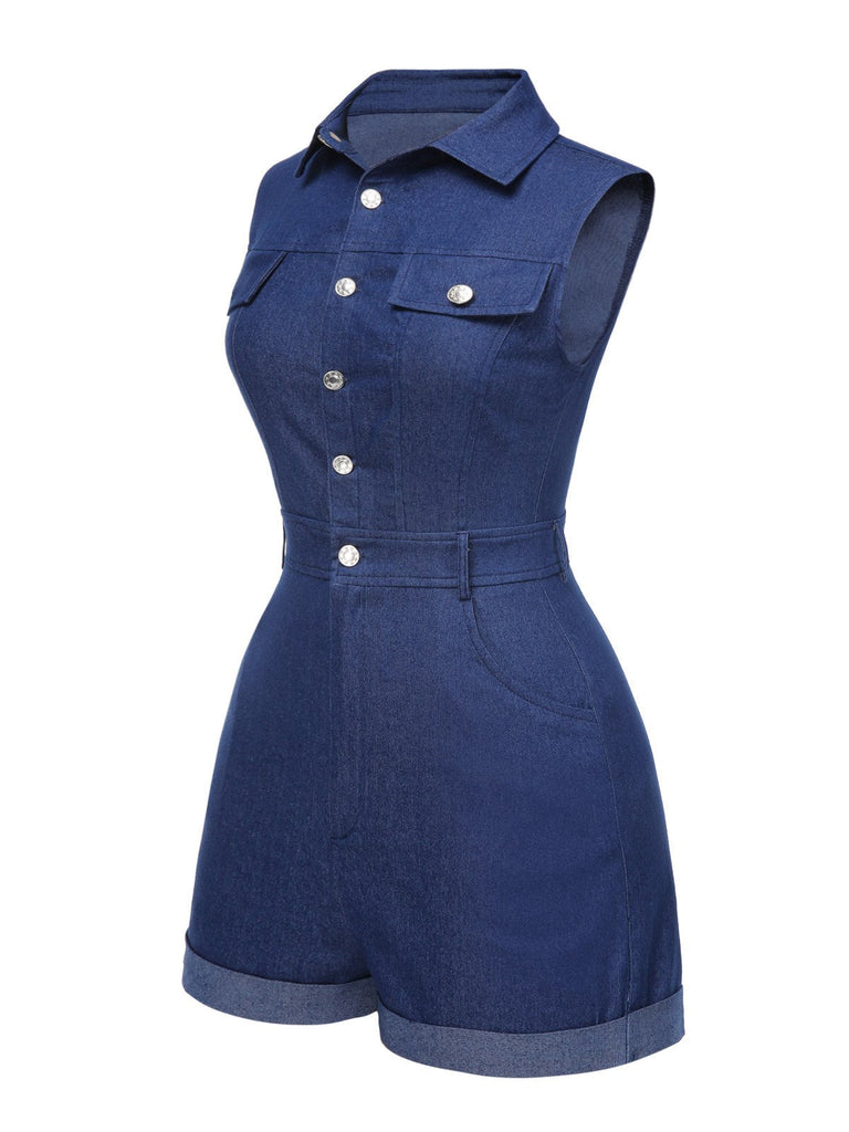 [Prévente] Combishort en jean bleu uni en coton à poches des années 1970