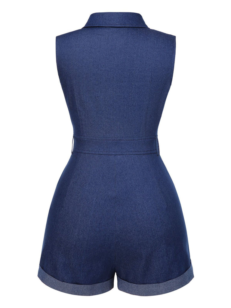[Prévente] Combishort en jean bleu uni en coton à poches des années 1970