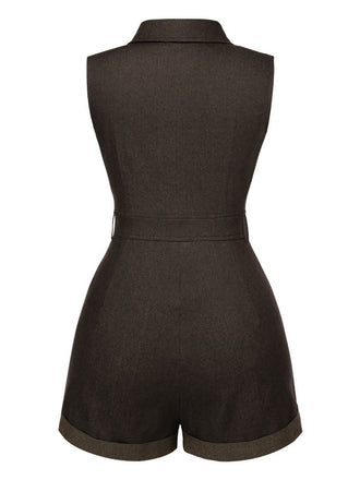 Combishort en jean marron uni en coton à poches des années 1970