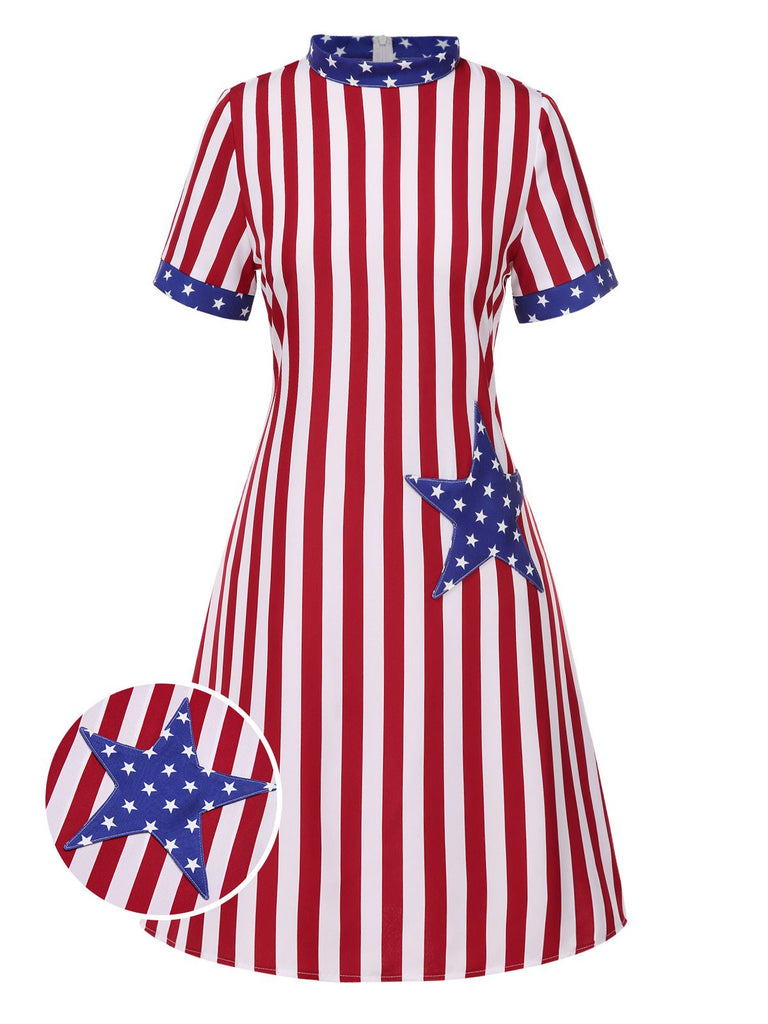 [Prévente] Robe rouge et bleu à rayures verticales et étoiles des années 1960