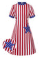 [Prévente] Robe rouge et bleu à rayures verticales et étoiles des années 1960