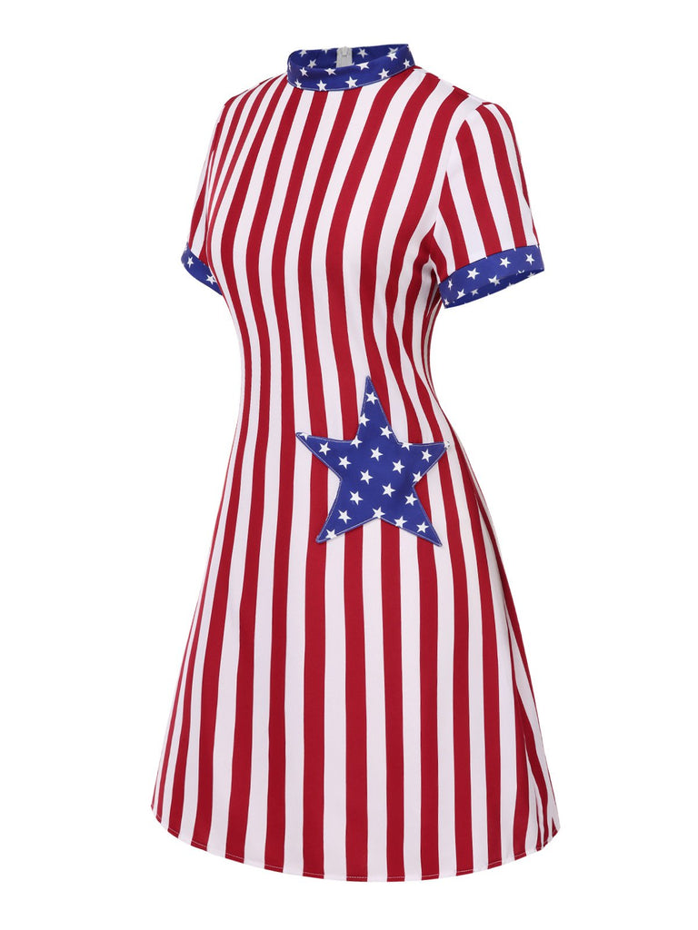 [Prévente] Robe rouge et bleu à rayures verticales et étoiles des années 1960