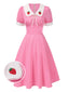 [Prévente] Robe rose en coton brodée fraises manches bouffantes dannées 1950