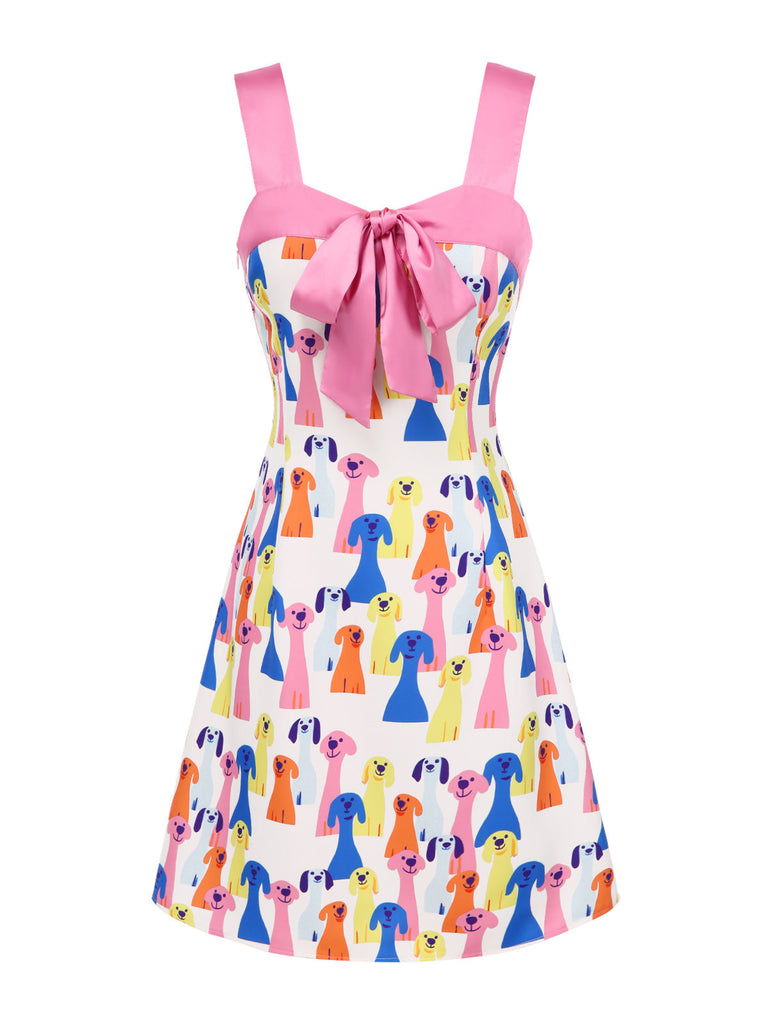 [Prévente] Robe imprimée nœud motif de chien multicolore des années 1960