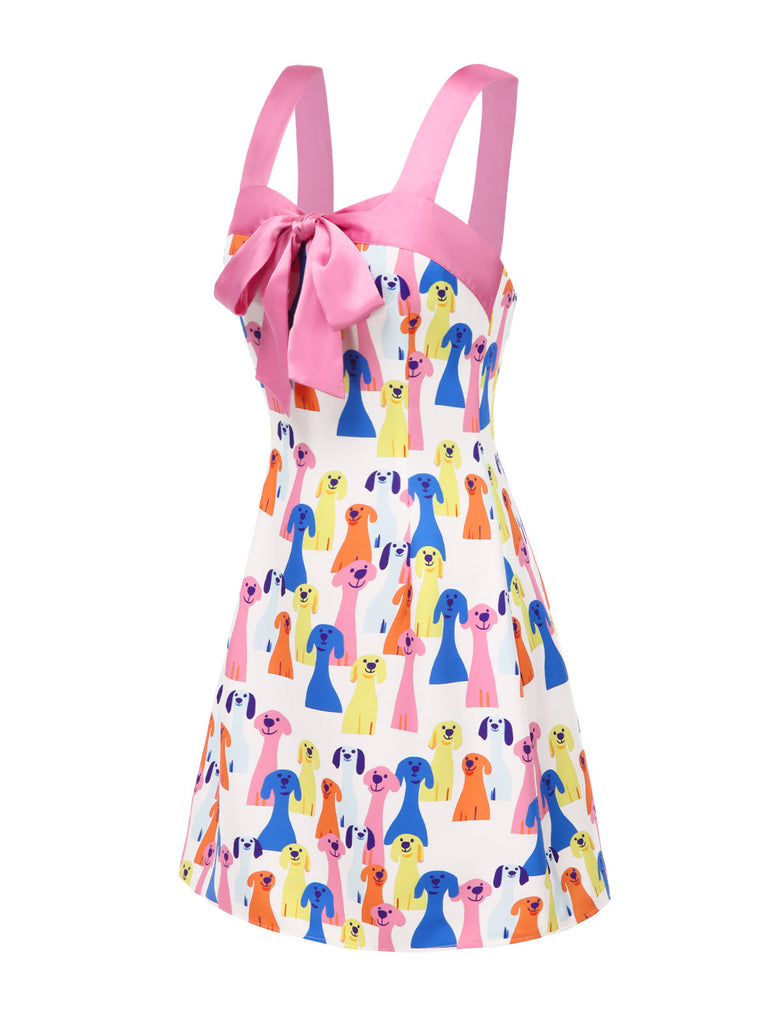 [Prévente] Robe imprimée nœud motif de chien multicolore des années 1960
