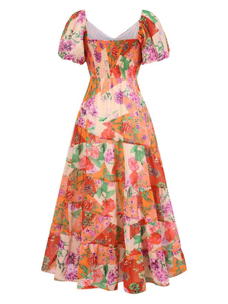 Robe longue fleurie multicolore col cœur des années 1930
