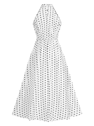 Robe blanche dos nu à pois et nœud évidée années 1950