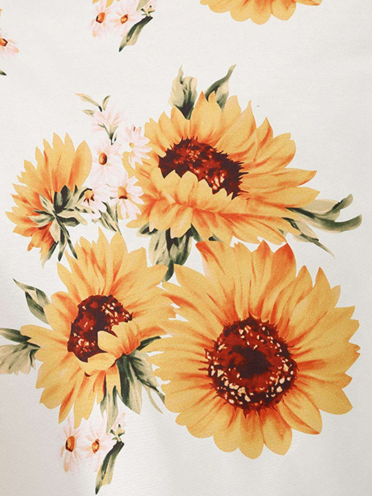 Robe trapèze blanche et jaune à motif tournesol des années 1950