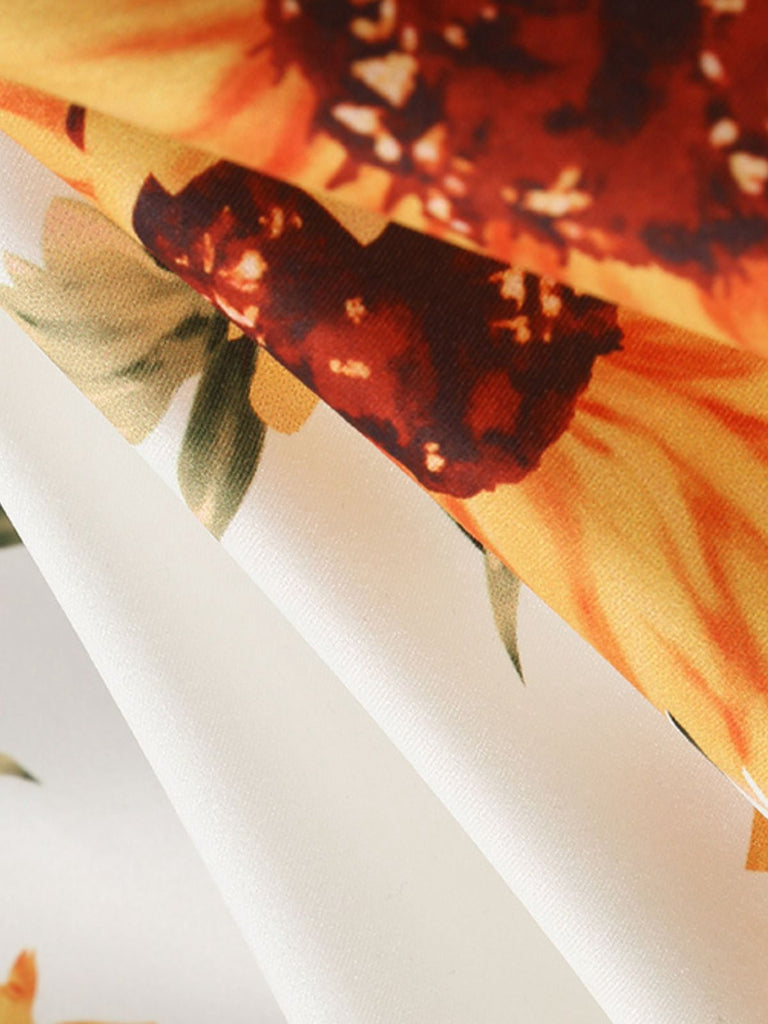 Robe trapèze blanche et jaune à motif tournesol des années 1950
