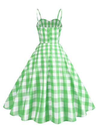 Robe verte carreaux vichy et bretelles froncées années 1950