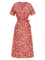 Robe rouge col V à petites fleurs des années 1940