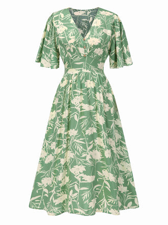 Robe verte fleurs col V des années 1940