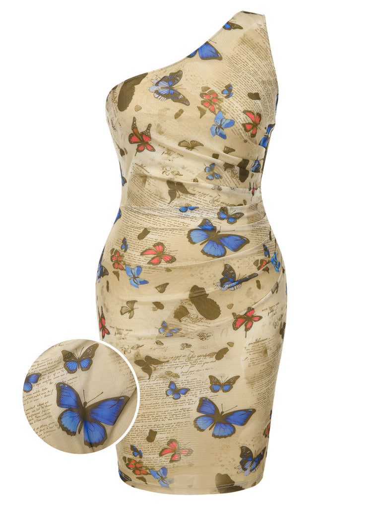 [Pré-vente] [Grande taille] Robe moulante froncée une épaule papillons années 1960