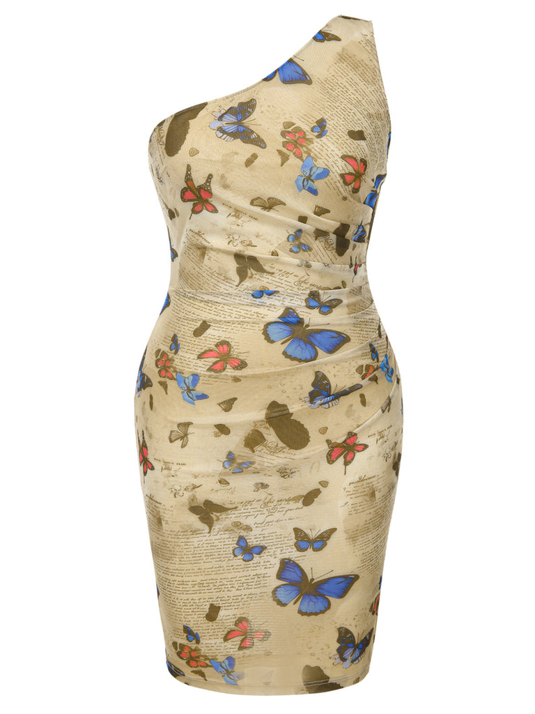 [Pré-vente] [Grande taille] Robe moulante froncée une épaule papillons années 1960