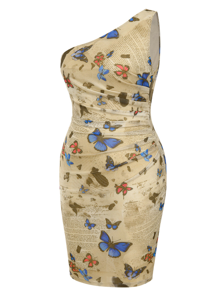 [Pré-vente] [Grande taille] Robe moulante froncée une épaule papillons années 1960