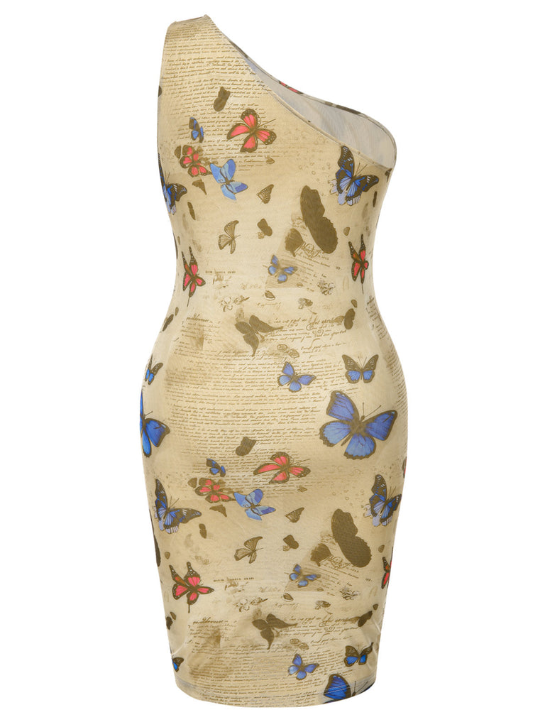 [Pré-vente] [Grande taille] Robe moulante froncée une épaule papillons années 1960
