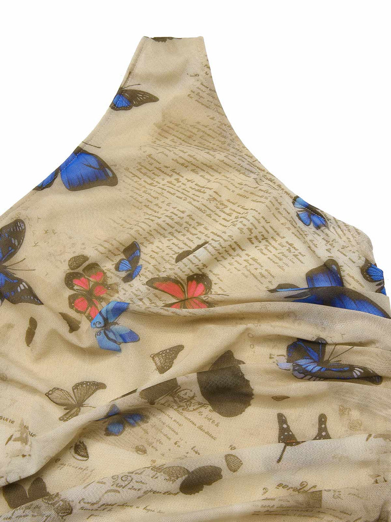 [Pré-vente] [Grande taille] Robe moulante froncée une épaule papillons années 1960