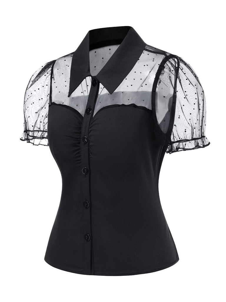 [Prévente] Chemisier en maille patchwork à pois noire des années 1960