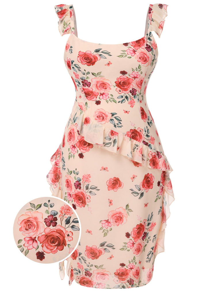 [Prévente] [Grande taille] Robe beige à volants et fentes roses des années 1930