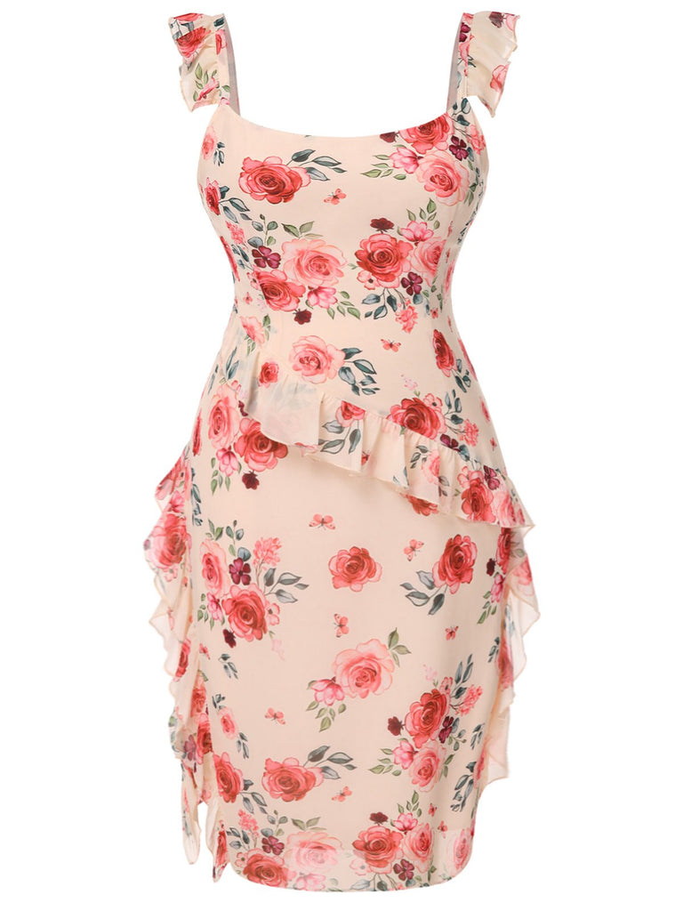 [Prévente] [Grande taille] Robe beige à volants et fentes roses des années 1930
