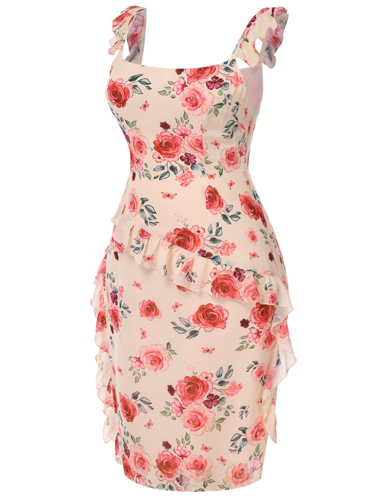 [Prévente] [Grande taille] Robe beige à volants et fentes roses des années 1930