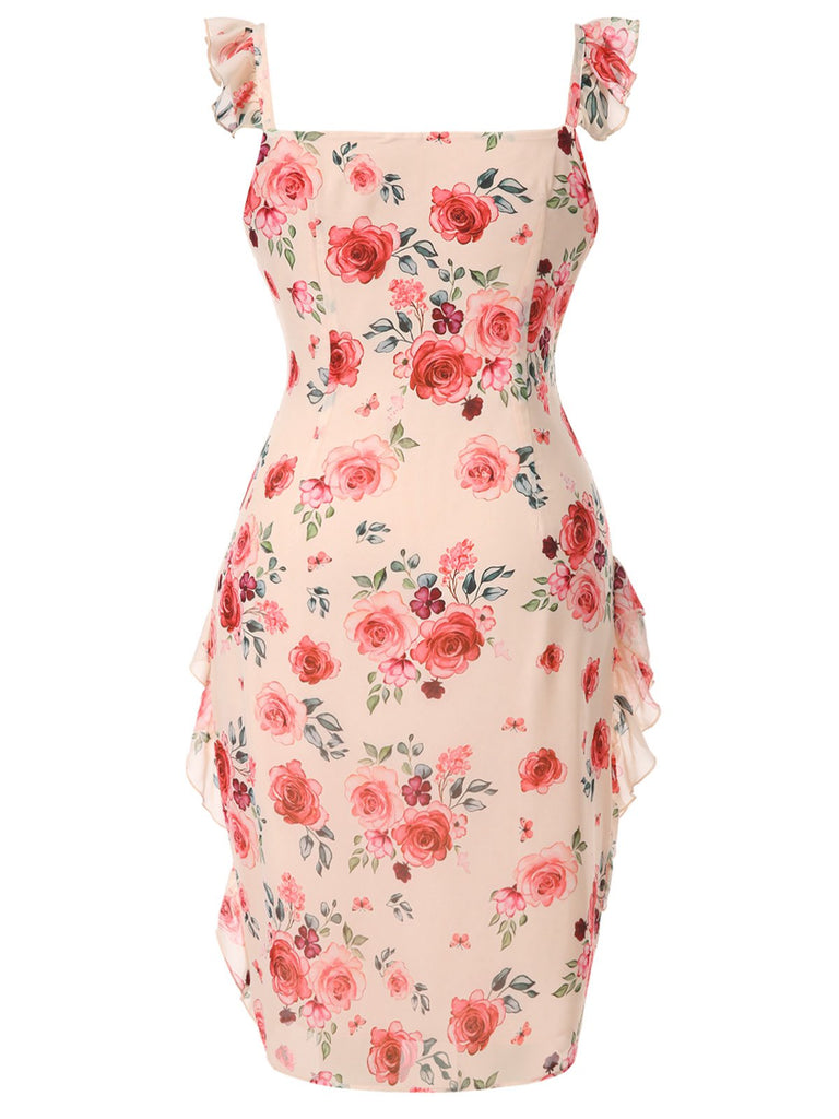 [Prévente] [Grande taille] Robe beige à volants et fentes roses des années 1930