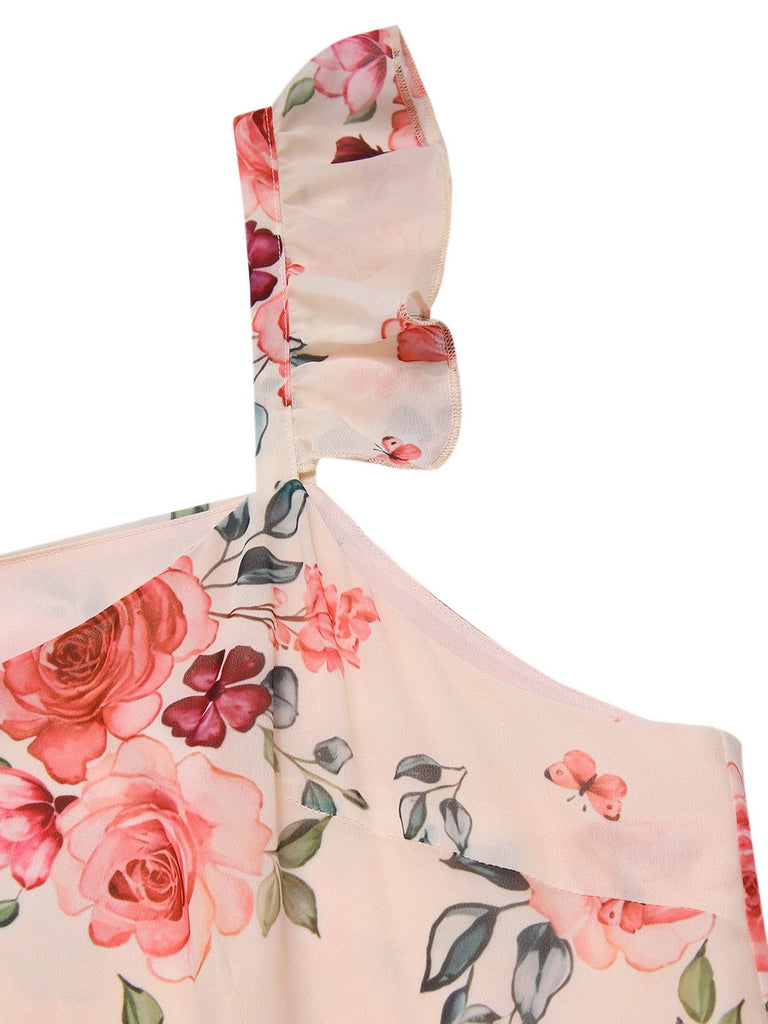 [Prévente] [Grande taille] Robe beige à volants et fentes roses des années 1930