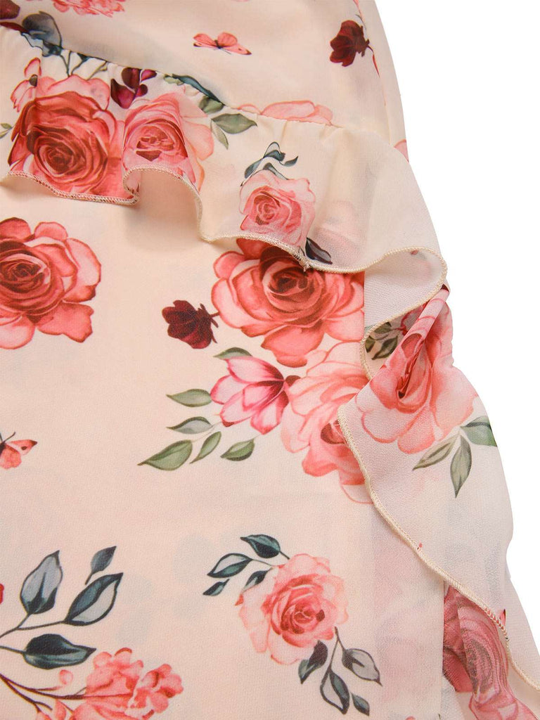 [Prévente] [Grande taille] Robe beige à volants et fentes roses des années 1930