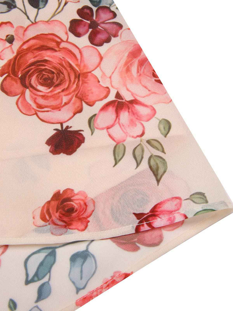 [Prévente] [Grande taille] Robe beige à volants et fentes roses des années 1930