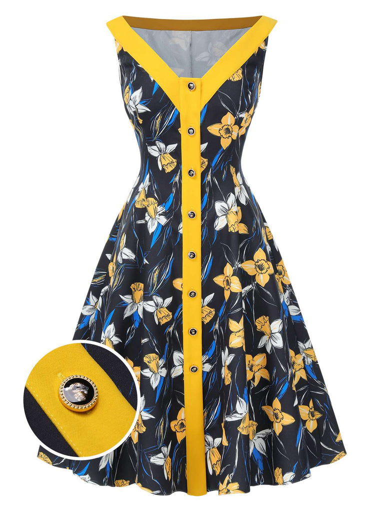[Prévente] Robe patchwork florale jaune à épaules dénudées années 1950
