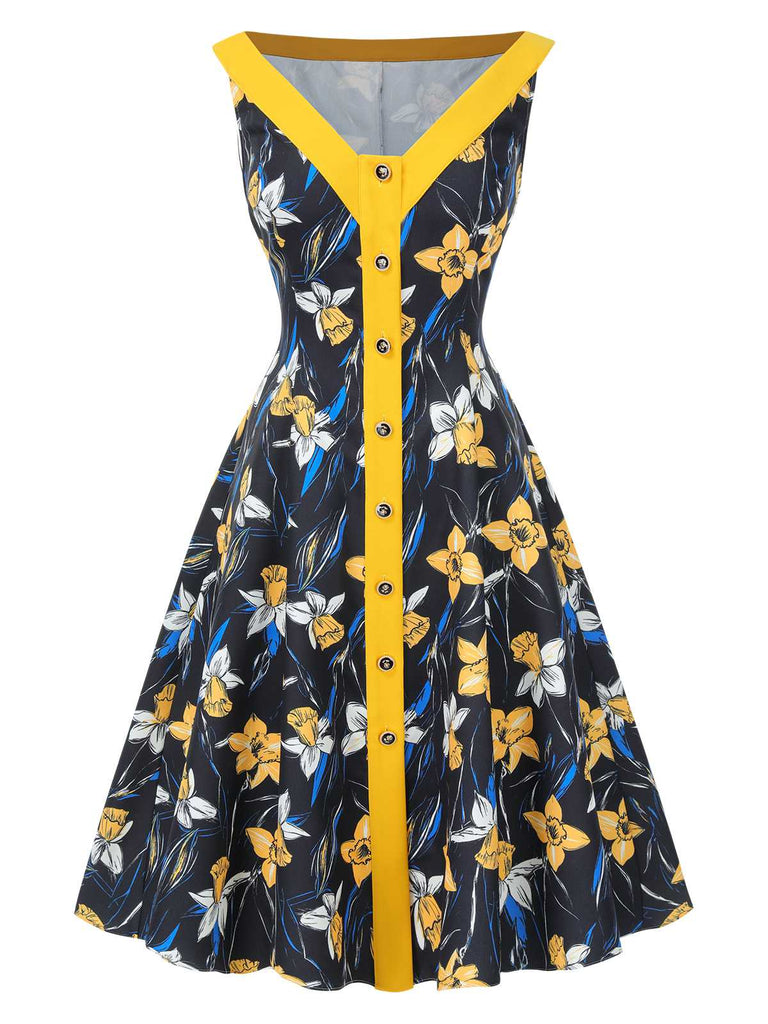[Prévente] Robe patchwork florale jaune à épaules dénudées années 1950