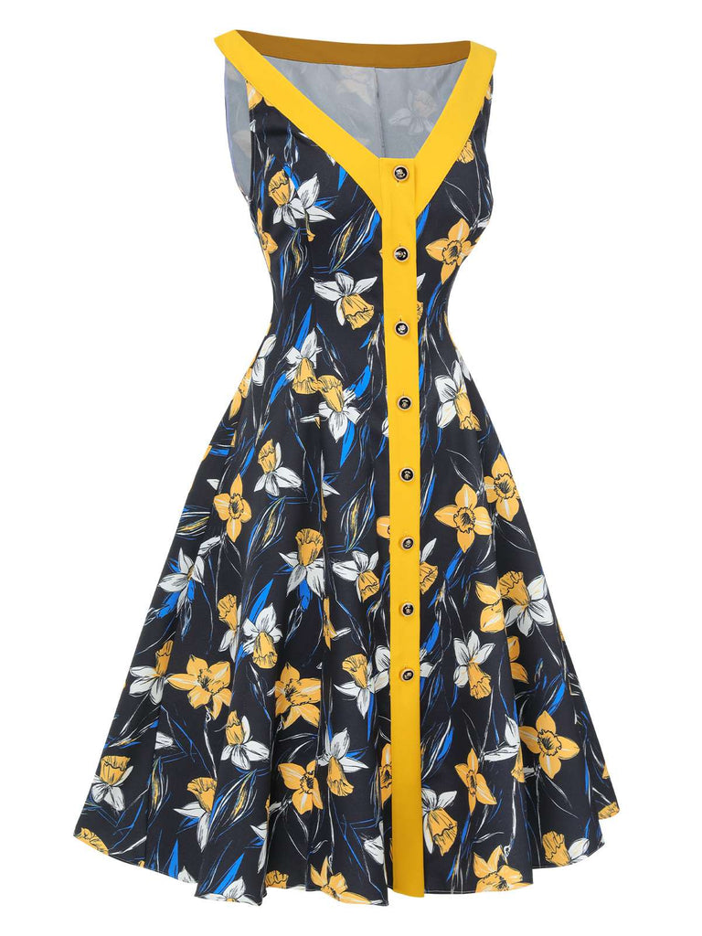 [Prévente] Robe patchwork florale jaune à épaules dénudées années 1950