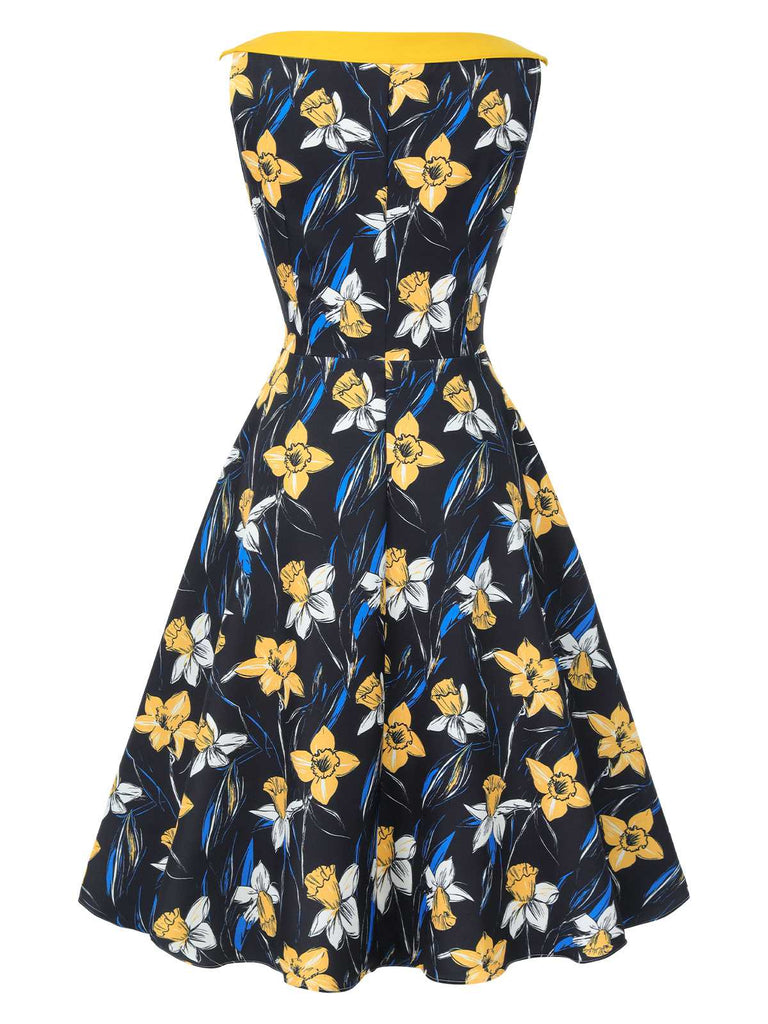 [Prévente] Robe patchwork florale jaune à épaules dénudées années 1950