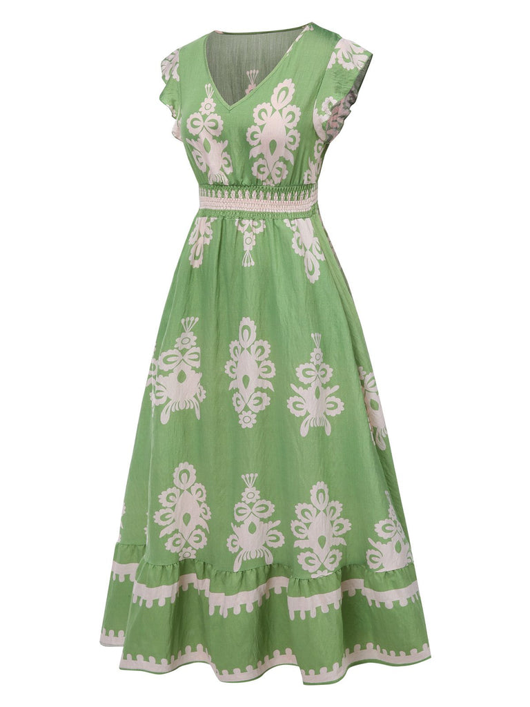 Robe bohémienne à col V motif tribal des années 1970
