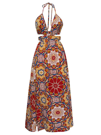 Robe de bohème dos nu à fleurs multicolores des années 1970