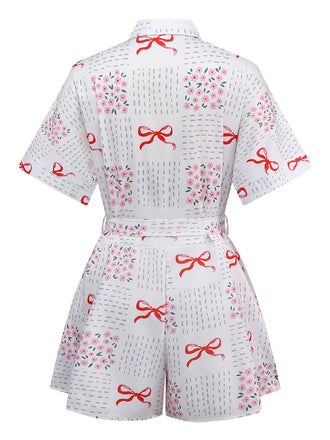 Combishort rose revers motif nœud et florale avec ceinture années 1950